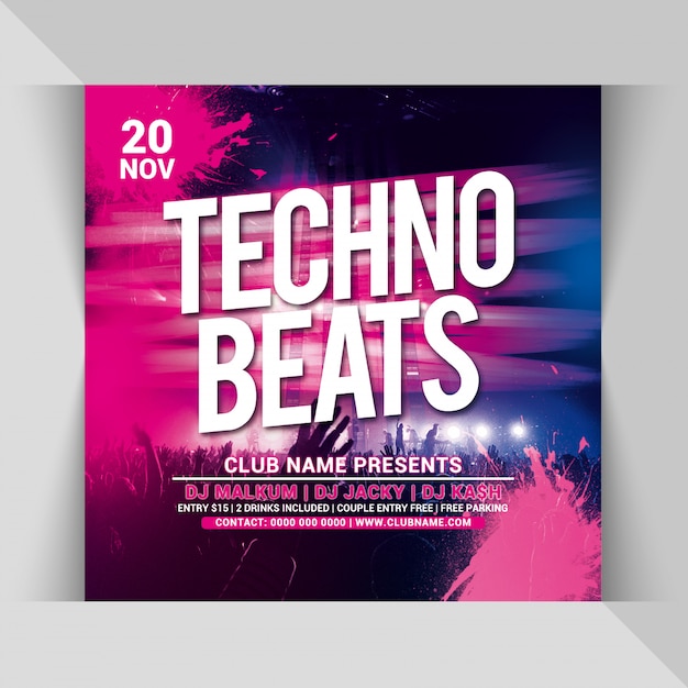 Plantilla de volante cuadrado techno beats party