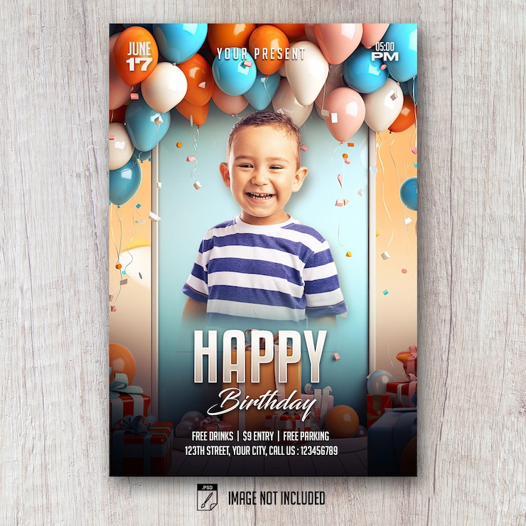 PSD plantilla de volante de fiesta de cumpleaños para niños, paisaje 3d con globo