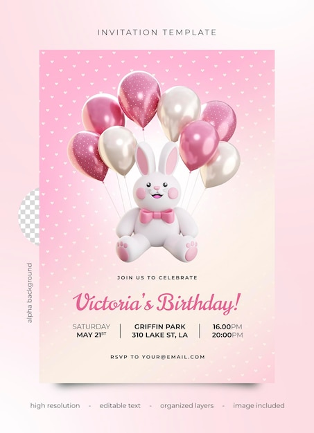 plantilla de volante de fiesta de cumpleaños PSD 3D con un lindo conejo rosado y globos