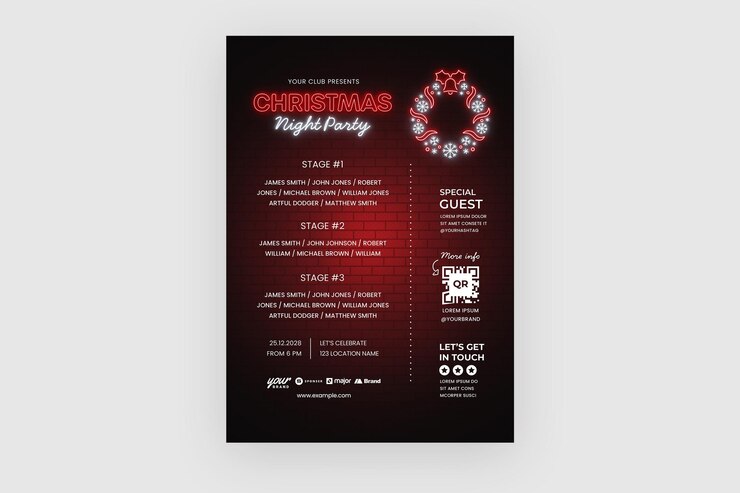 PSD plantilla de volante de hora feliz de navidad de neón en psd con tema rojo v1