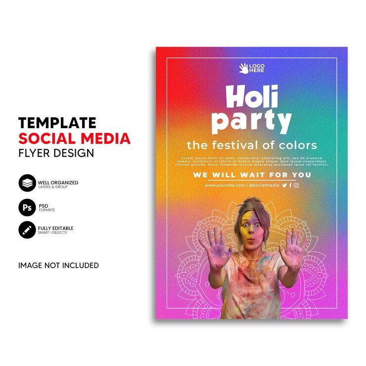 plantilla de volante y póster de celebración del festival holi