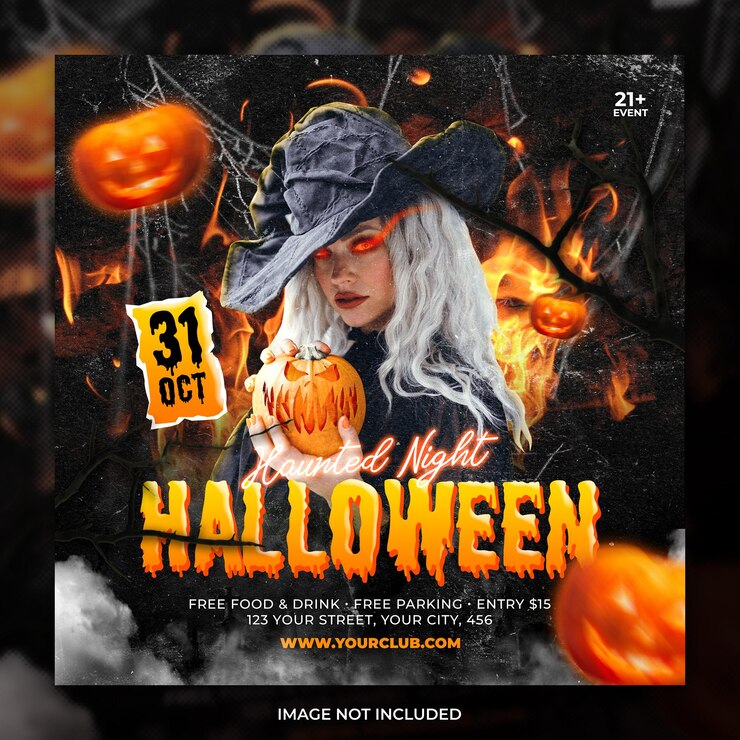 PSD plantilla de volante y publicación de redes sociales de calabaza de fiesta de halloween