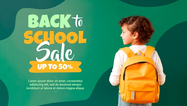 Plantilla de volante de venta de regreso a la escuela con niña y mochila amarilla sobre fondo verde y espacio de copia