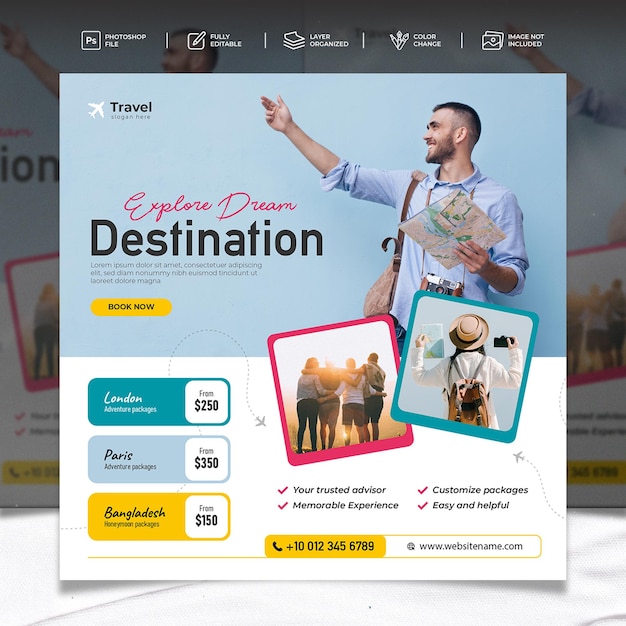 PSD plantilla de volante de viaje y diseño de publicación de instagram