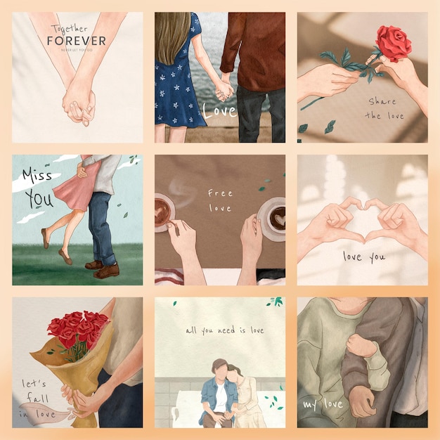 Plantillas de ilustración de San Valentín psd para marketing conjunto de publicaciones en redes sociales