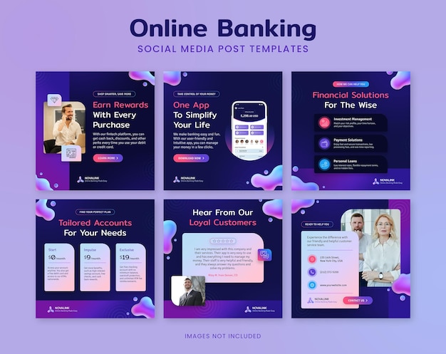 Plantillas de publicaciones en redes sociales para soluciones bancarias y financieras en línea