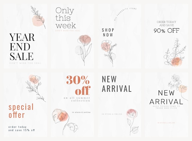 Plantillas de venta psd para venta de fin de año conjunto de anuncios de redes sociales de estilo minimalista