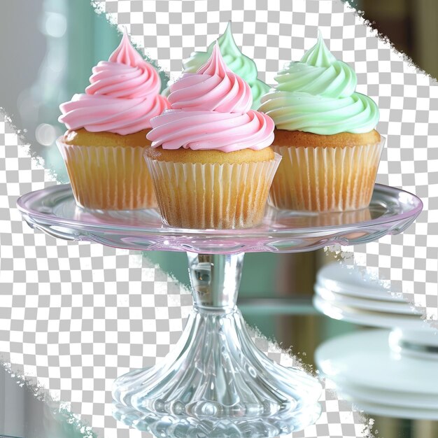 PSD une plaque de verre avec des cupcakes dessus et un support en verre avec un cupcake glacé rose et vert au milieu