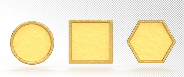 PSD plaques d'or plaques de nom dorées vides ensemble d'icônes de rendu 3d étiquettes ou badges métalliques ronds cadres carrés et hexagonaux menu d'interface utilisateur de jeu ou éléments graphiques d'application isolés sur fond blanc illustration 3d