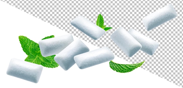 PSD plaquettes de gomme à mâcher avec des feuilles de menthe isolé sur fond blanc