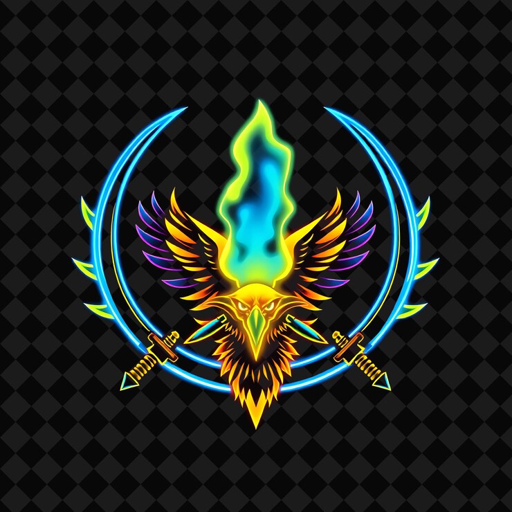 PSD plasma iluminado por neón dentro de una insignia en forma de media luna con contornos suaves y puntas puntiagudas decoradas con