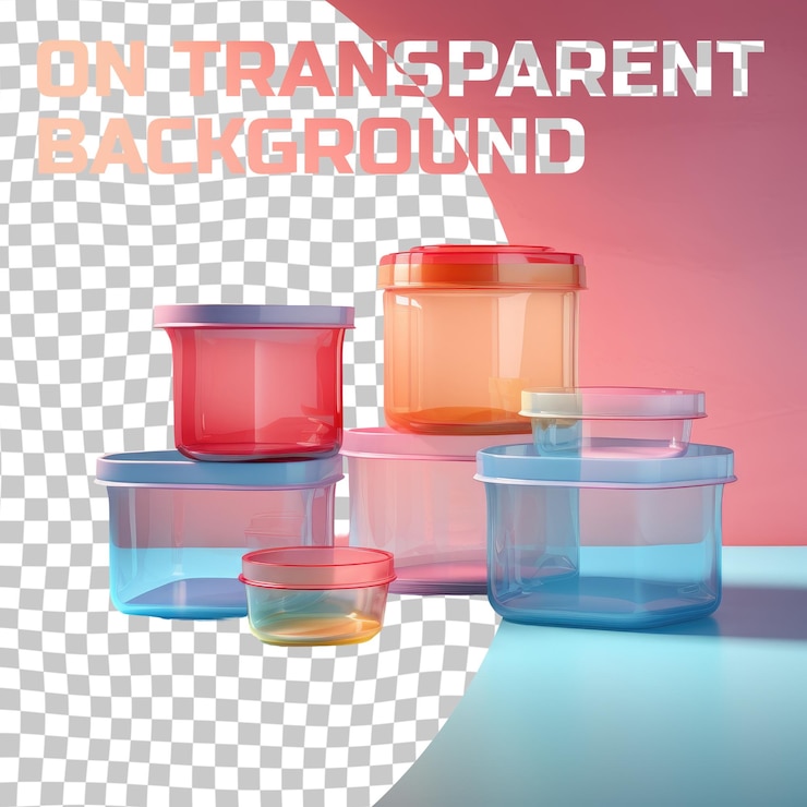 PSD plastic food storage containers stacked on transparent background