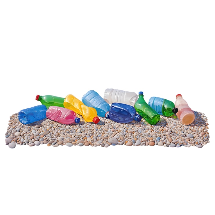 PSD plastikflaschen am strand 3d-illustration der meeresverschmutzung mit farbigen flaschen