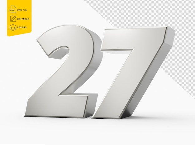 Plata 3d números 27 veintisiete aislado fondo blanco ilustración 3d