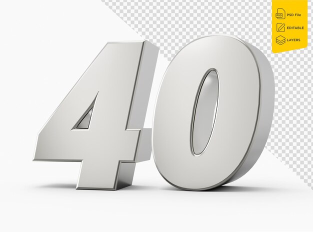 Plata 3d números 40 cuarenta Fondo blanco aislado Ilustración 3d