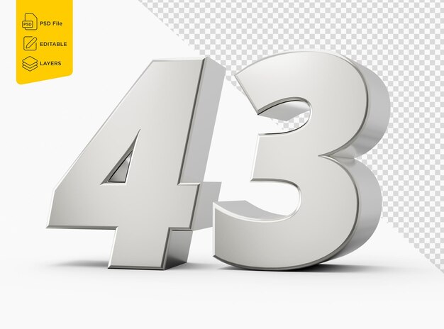Plata 3d números 43 Cuarenta y tres Fondo blanco aislado Ilustración 3d
