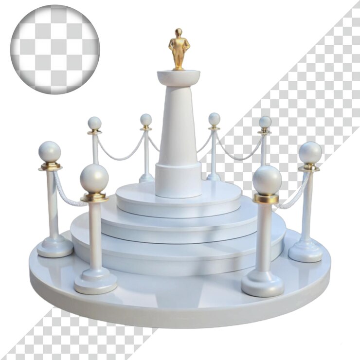 PSD plataforma circular blanca con estatua de oro y estancones
