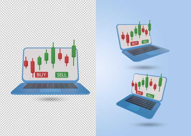 Plataforma de comercio de computadoras portátiles con candelabros y opciones de compra o venta archivo psd de renderizado 3d