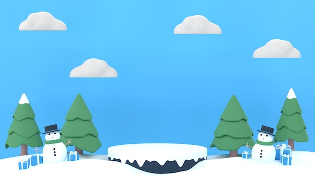 PSD plataforma de pódio de banner de produto de venda de inverno 3d com formas geométricas pinheiro e boneco de neve