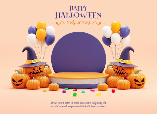 Plataforma de pódio de halloween feliz com coisas de festa para design de fundo de panfleto ou cartão de saudação em renderização em 3d