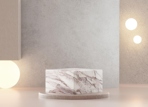 Plataforma de pódio quadrado de mármore em um fundo de cena mínimo para exibição de produtos em renderização 3D