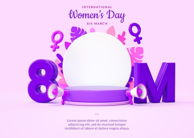 Plataforma de podio del 8 de marzo del Día de la Mujer con adornos florales para el fondo de la pancarta en la ilustración 3D