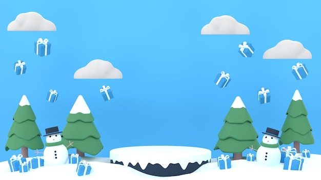 PSD plataforma de podio de banner de producto de venta de invierno 3d con formas geométricas pino y muñeco de nieve