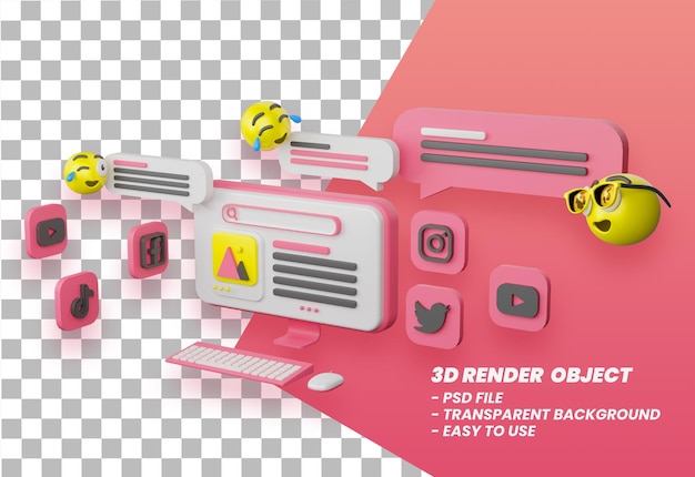 Plataforma de redes sociales 3d concepto de aplicaciones de comunicación social en línea emoji Premium PSD