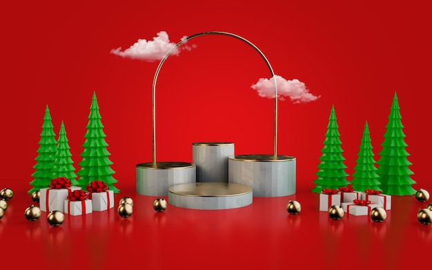 PSD plataforma redonda de podio 3d con cajas de regalo de círculo dorado con árbol de navidad