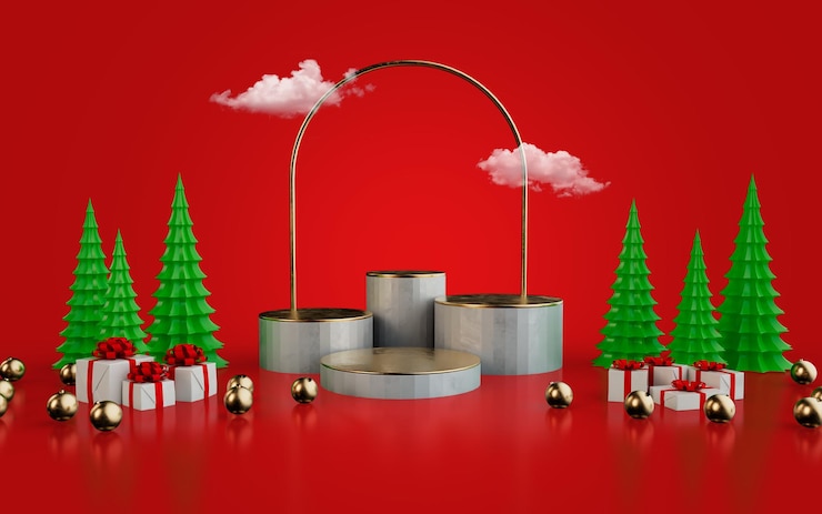 PSD plataforma redonda de podio 3d con cajas de regalo de círculo dorado con árbol de navidad
