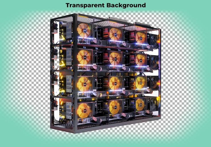 PSD plataformas de minería criptográfica con tarjetas gráficas pesadas aisladas en un fondo transparente