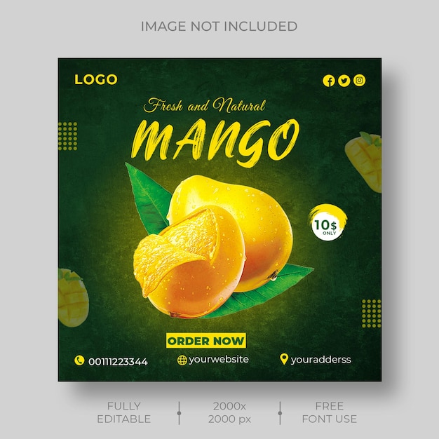 Plátano de frutas saludables y especiales plantilla de diseño de publicaciones de redes sociales con increíbles g verdes y amarillas