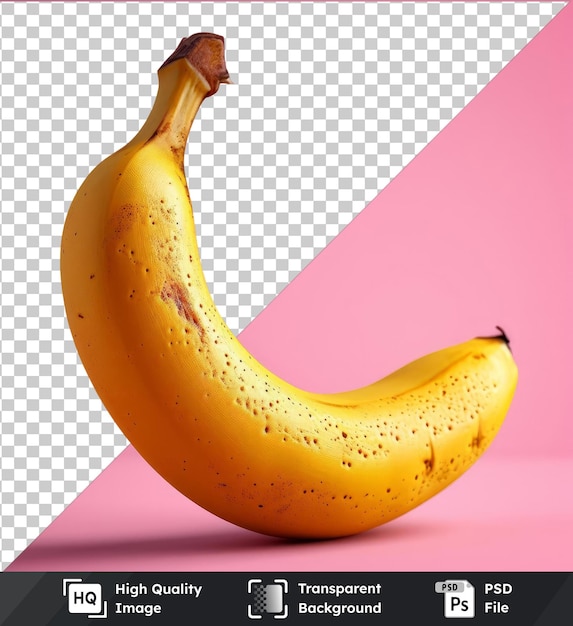 PSD plátano transparente con un tallo marrón y una sombra negra sobre un fondo rosado