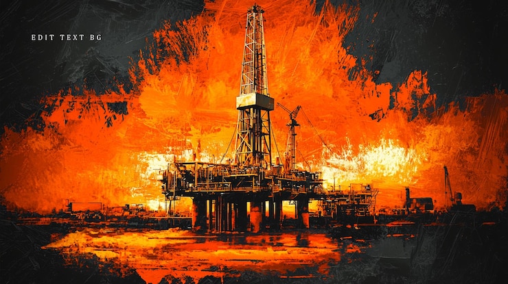 PSD une plate-forme pétrolière engloutie dans les flammes représentation artistique