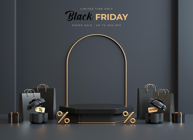 Plate-forme De Podium Géométrique Black Friday Avec Des Trucs Noirs Et Or Sur Fond Sombre Pour Le Modèle D'affichage Du Produit