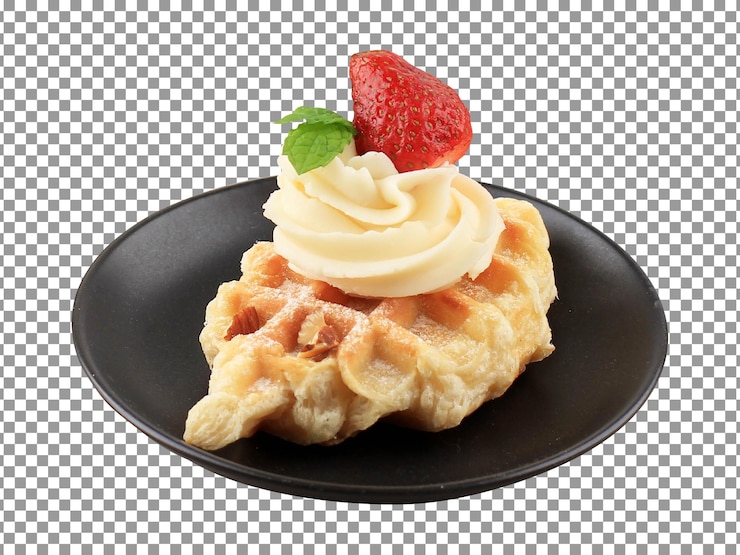 PSD plate of homemade waffles with a strawberry on transparent background