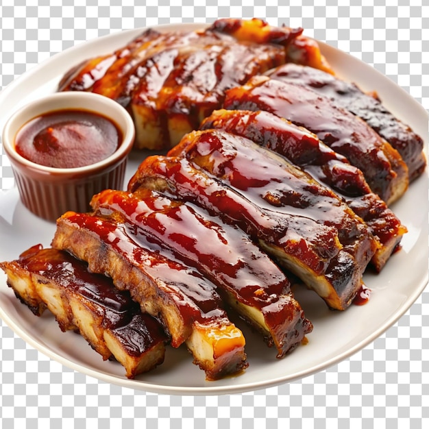 PSD plate of loaded bbq ribs with barbecue sauce isolated on transparent background