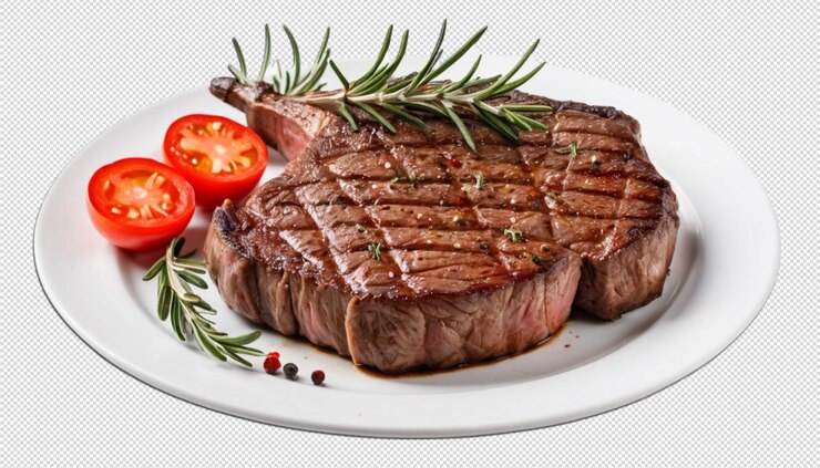 Plate with very juicy beef grilled steak sizzling fresh