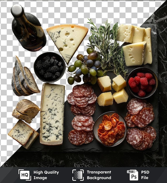 PSD plateau de fromage gourmet transparent avec une variété de fromages, y compris des fromages blancs jaunes et blancs et jaunes disposés sur une table noire à côté d'un