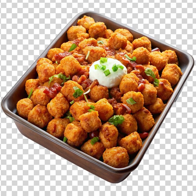 PSD un plateau de tater tots au fromage au piment chargé avec de l'acide isolé sur un fond transparent