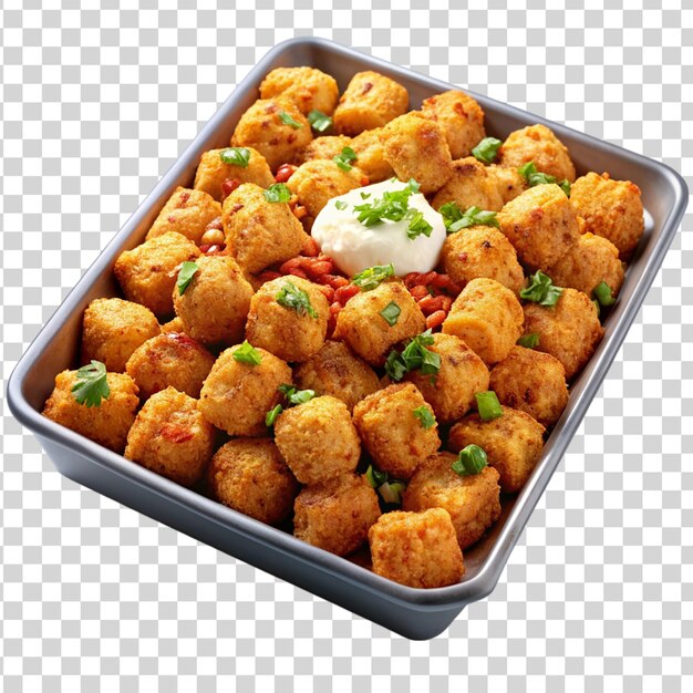 PSD un plateau de tater tots au fromage au piment chargé avec de l'acide isolé sur un fond transparent