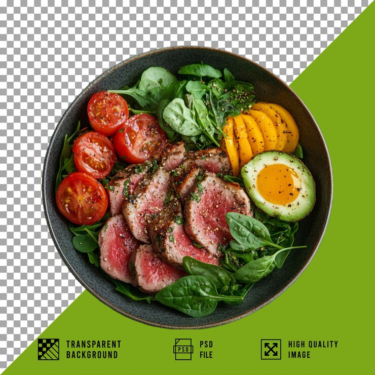 PSD plato de alimentos dietéticos en un plato sobre un fondo transparente