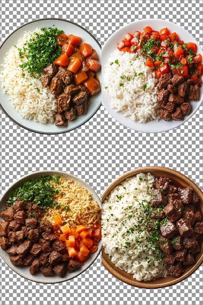 Plato con arroz y carne de res Contenido y combinación de comidas de relleno Hiperrealista PNG aislado con Clea