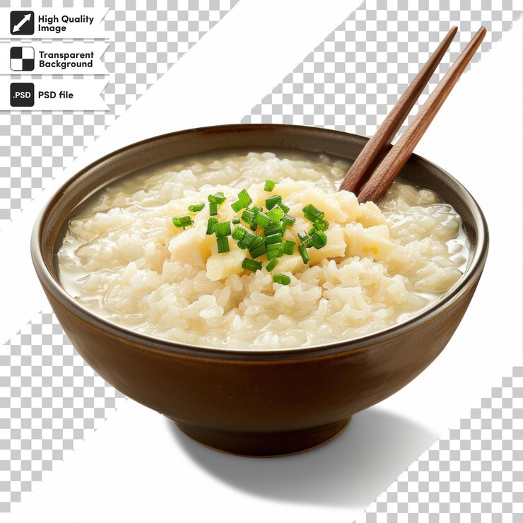 PSD un plato de arroz con una cuchara y palillos en él