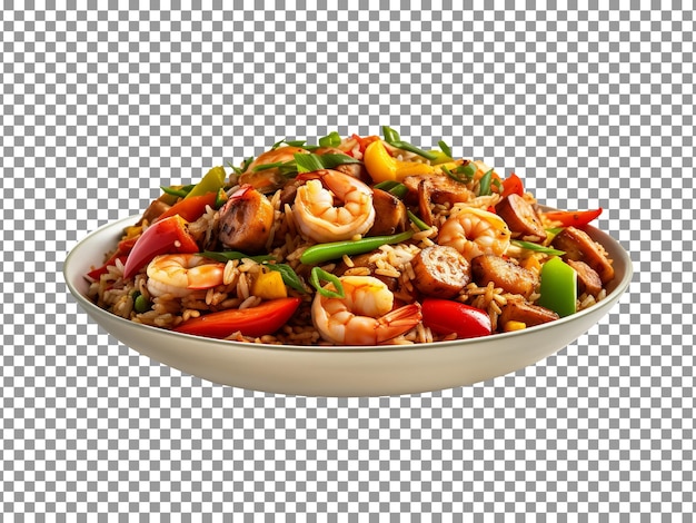 Plato de arroz frito con gambas y verduras sobre fondo transparente