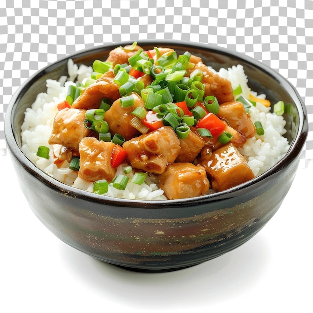 PSD un plato de arroz con pollo y verduras en él