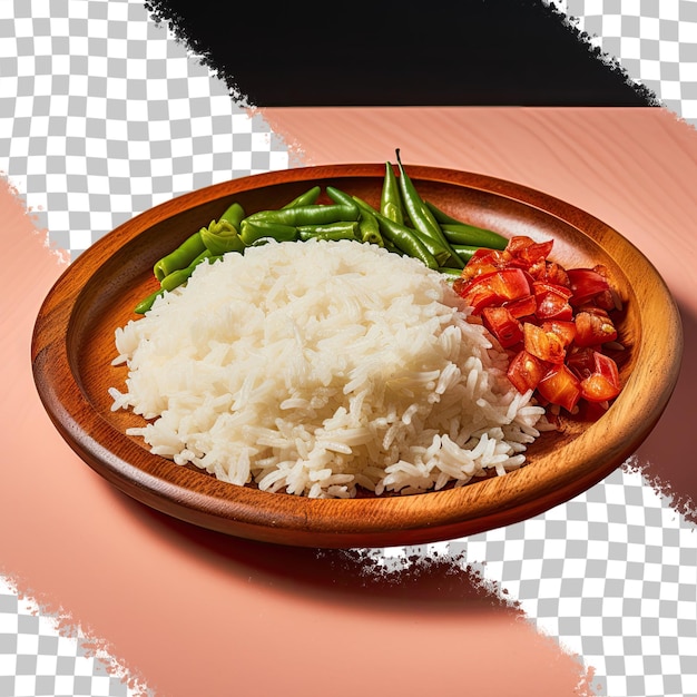 PSD un plato de arroz con verduras y arroz sobre una mesa a cuadros.