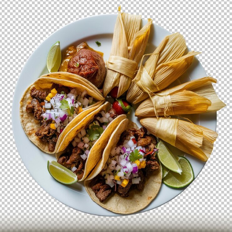 PSD plato de auténtica cocina hispana como tacos o tamales aislados sobre un fondo transparente