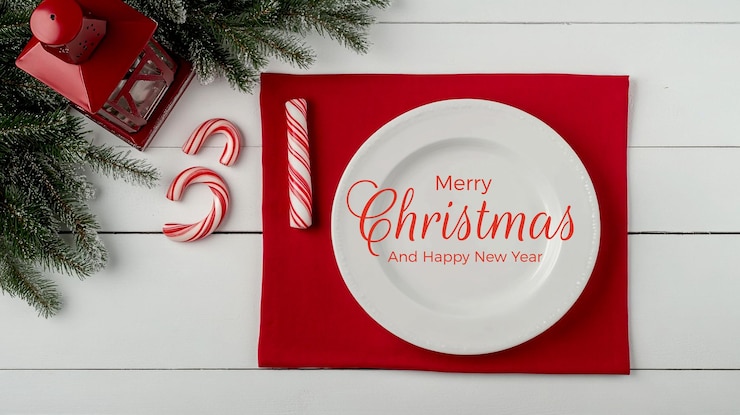 PSD un plato con un bastón de caramelo en él que dice feliz navidad en él