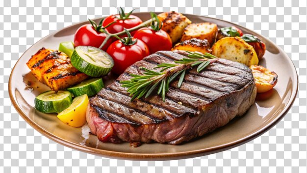 PSD un plato de bistec perfectamente asado con verduras asadas aisladas en un fondo transparente